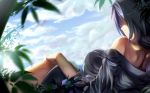  1girl bamboo bare_shoulders braid breasts clouds from_behind hair_ribbon highres initial_f large_breasts long_hair lying off_shoulder on_side ribbon shirt silver_hair sky solo touhou yagokoro_eirin 