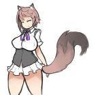 1girl animal_ears arceonn bare_legs breasts brown_hair closed_eyes corset large_breasts original ribbon short_hair smile solo tail thighs white_background 