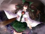  1girl arm_cannon black_hair bow breasts evil_smile green_skirt hair_bow large_breasts long_hair looking_at_viewer minamike1991 puffy_sleeves red_eyes reiuji_utsuho skirt smile solo touhou weapon wings 