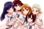  5girls belt blonde_hair blue_eyes blue_hair blush brown_eyes brown_hair dress glasses green_eyes hirose_sumire hiyo_kotori holding_hands long_hair looking_at_viewer matano_seiko miyanaga_teru multiple_girls neckerchief oohoshi_awai open_mouth pose red_eyes redhead saki school_uniform serafuku shibuya_takami short_hair silver_hair smile standing violet_eyes white_background white_dress 