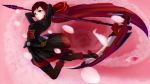  1girl absurdres belt boots bullet cape corset frilled_skirt frills grey_eyes heli highres pantyhose petals pink red redhead ruby_rose rwby scythe short_hair skirt solo weapon 