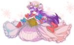  1girl beroberoba_(artist) book crescent dress hair_ribbon hat highres kneeling long_hair patchouli_knowledge purple_hair ribbon solo touhou violet_eyes 