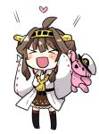 &gt;_&lt; 1girl :d ahoge arms_up blush brown_hair chibi hairband hat heart kantai_collection kongou_(kantai_collection) lr_hijikata nontraditional_miko open_mouth simple_background smile solo stuffed_animal stuffed_toy teddy_bear thighhighs white_background wide_sleeves xd 