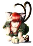  1girl all_fours animal_ears blurry bow braid breasts cat_ears cat_tail cleavage collarbone depth_of_field down_blouse dress dusk_(artist) green_dress grin hair_bow kaenbyou_rin leg_ribbon long_hair looking_at_viewer multiple_girls paw_pose puffy_sleeves red_eyes redhead short_sleeves simple_background smile solo tail touhou twin_braids white_background wink wrist_cuffs 