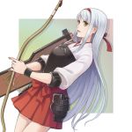  1 1girl bow_(weapon) brown_eyes faulds hair_ribbon hairband kantai_collection lips long_hair muneate personification pleated_skirt ribbon shield shoukaku_(kantai_collection) silver_hair skirt soa solo very_long_hair weapon wristband 