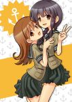  2girls anchor bangs black_hair blunt_bangs blush braid brown_eyes brown_hair girotin_ginza hug kantai_collection kitakami_(kantai_collection) long_hair looking_at_viewer multiple_girls ooi_(kantai_collection) open_mouth personification pleated_skirt school_uniform serafuku skirt smile v 