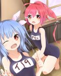  2girls absurdres blue_hair highres i-168_(kantai_collection) i-19_(kantai_collection) kantai_collection long_hair masa_masa multiple_girls personification ponytail red_eyes redhead school_swimsuit swimsuit twintails wink 