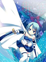  1girl absurdres armband belt blue_eyes blue_hair cape gloves gucchiann hair_ornament hairclip highres magical_girl mahou_shoujo_madoka_magica mahou_shoujo_madoka_magica_movie miki_sayaka oktavia_von_seckendorff scabbard sheath smile solo spoilers sword thighhighs weapon zettai_ryouiki 