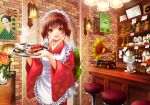  1girl apron artist_name bar_stool bouquet brown_eyes brown_hair cafe cake coffee cup dated flower food fruit japanese_clothes kimono lamp looking_at_viewer open_mouth original phonograph record short_hair smile solo strawberry teapot twintails vase waitress wine_bottle wine_glass yuzu_5101 