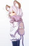  1girl alvis_(artist) animal_ears backpack bag black_legwear casual grey_hair hands_in_pockets mouse_ears mouse_tail nazrin pocky red_eyes scarf short_hair solo tail touhou 