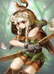  1girl blonde_hair bow_(weapon) braid brown_eyes dragon&#039;s_crown elf_(dragon&#039;s_crown) flower gloves hood long_hair pointy_ears smile solo squirrel thigh_boots thighhighs twin_braids weapon 