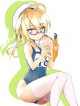  1girl ahoge artist_request bare_shoulders blonde_hair blue_eyes book breasts glasses hat i-8_(kantai_collection) low_twintails one-piece_swimsuit personification red-framed_glasses school_swimsuit semi-rimless_glasses smile solo swimsuit thighhighs twintails under-rim_glasses white_legwear 