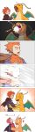  1boy 6koma cape comic dragonite emphasis_lines gameplay_mechanics gojya highres hyper_beam lifebar open_mouth pokemon pokemon_(creature) pokemon_(game) pokemon_hgss redhead silent_comic spiky_hair torn_clothes wataru_(pokemon) 