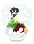  1girl brown_hair chibi food ice ice_cream japanese_clothes kaga_(kantai_collection) kantai_collection long_hair muneate personification seed_teitoku shaved_ice side_ponytail skirt smile solo 