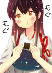  1girl :t akagi_(kantai_collection) blush brown_eyes brown_hair eating food japanese_clothes kantai_collection long_hair muneate onigiri personification rikosyegou smile solo 