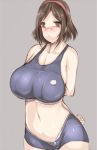  1girl arms_behind_back bikini blue_bikini breasts brown_eyes brown_hair cleavage glasses grey_background gundam gundam_build_fighters huge_breasts kousaka_china light_smile navel red-framed_glasses short_hair solo swimsuit tsukasawa_takamatsu 