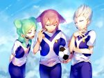  1girl 2boys alpha_(inazuma_eleven) ball beta_(inazuma_eleven) crossover gamma_(inazuma_eleven) green_hair inazuma_eleven_(series) inazuma_eleven_go inazuma_eleven_go_chrono_stone inazuma_eleven_go_galaxy lightning_bolt long_hair multiple_boys no_pupils open_mouth parted_lips shadowsonicamy shinsei_inazuma_japan soccer_ball soccer_uniform telstar violet_eyes 