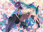  1girl ahoge aqua_eyes aqua_hair armpits chkuyomi detached_sleeves dutch_angle floating_hair flower foreshortening hatsune_miku long_hair megaphone nail_polish necktie open_mouth outstretched_arm petals sitting skirt solo thighhighs twintails very_long_hair vocaloid window 