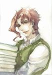  1boy book book_stack earrings highres jewelry jojo_no_kimyou_na_bouken kakyouin_noriaki linky red_eyes redhead solo sweater_vest traditional_media watercolor_(medium) 