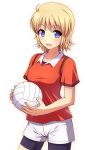  1girl ball bike_shorts black_bike_shorts blonde_hair blue_eyes football highres kk-sk-ray original short_hair shorts solo volleyball 