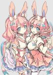  2girls animal_ears blue_eyes blush bow breast_press detached_sleeves dress drill_hair japanese_clothes kimono long_hair looking_at_viewer multiple_girls north_abyssor personification pink_hair pokemon pokemon_(game) pokemon_xy rough short_kimono smile sylveon thighhighs twintails white_legwear wide_sleeves 