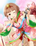  1girl artist_request brown_eyes brown_hair cherry_blossoms hair_ornament idolmaster idolmaster_cinderella_girls japanese_clothes jpeg_artifacts kitami_yuzu microphone_stand official_art petals short_hair star tongue tongue_out wink 
