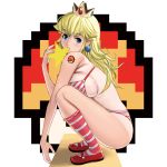  1girl bikini blonde_hair blue_eyes blush breasts crown kneehighs large_breasts long_hair super_mario_bros. mary_janes masao mouth_hold mushroom princess_peach red_bikini shiny shiny_skin shoes sideboob solo squatting star striped striped_bikini striped_legwear striped_swimsuit super_mario_bros. swimsuit tattoo 