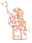  1girl bell checkered cleaning duster hair_bell hair_ornament japanese_clothes kimono mitsumoto_jouji motoori_kosuzu open_mouth orange_hair profile stool touhou 
