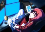  computer computer_keyboard computer_mouse controller fingerless_gloves game_controller gamepad gloves green_eyes monitor monitor_light psp_go redhead sesyamo shorts smartphone solo track_jacket 