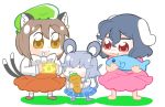  3girls :3 animal_ears bkub black_hair bow brown_eyes brown_hair carrot cat_ears cat_tail cheese chen dress drooling fish grey_dress grey_hair hat inaba_tewi jewelry mouse_ears mouse_tail multiple_girls multiple_tails nazrin pink_dress pink_eyes rabbit_ears red_dress shirt single_earring tail touhou 