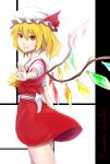 1girl blonde_hair dress flandre_scarlet hat minamike1991 outstretched_arm puffy_sleeves red_eyes ribbon short_hair side_ponytail solo touhou wings 