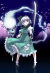  1girl beroberoba_(artist) bow cherry_blossoms dual_wielding grey_hair hair_ribbon hairband highres hitodama konpaku_youmu petals reflection ribbon short_hair skull solo sword touhou weapon 