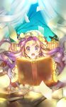  1girl book character_doll crescent curtains hair_ribbon hat highres kirisame_marisa lamp long_hair maryquant open_book open_mouth paper patchouli_knowledge purple_hair ribbon solo touhou tree violet_eyes 