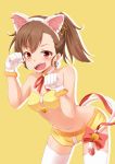  1girl :d animal_ears bare_shoulders bell bow brown_hair cat_ears cat_tail earrings fuku_d futami_ami gloves idolmaster jewelry midriff navel open_mouth ponytail short_shorts shorts smile solo tail thighhighs white_gloves white_legwear 