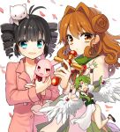  3girls ;d angel_wings animal animal_on_head blue_eyes brown_eyes character_request cross crossover double_bun drill_hair finn_fish green_eyes hair_intakes kamikaze_kaitou_jeanne kusakabe_maron minigirl multiple_girls open_mouth petals rabbit routo shoes smile twin_drills white_background white_wings wings wink 