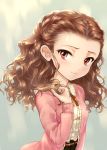  1girl 3: brown_eyes brown_hair bust cardigan dokiyuri eyelashes face forehead highres idolmaster idolmaster_cinderella_girls long_hair looking_at_viewer orange_eyes seki_hiromi solo wavy_hair 