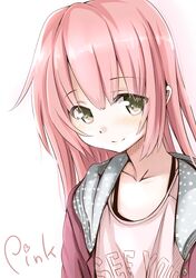  1girl blush green_eyes long_hair looking_at_viewer original pink_hair simple_background smile solo u_u_(mooooooou) 