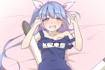  1girl bed_sheet blue_hair blush breasts breath double_v hair_ribbon i-19_(kantai_collection) kantai_collection large_breasts long_hair lying multicolored_hair on_back one-piece_swimsuit open_mouth personification red_eyes ribbon sakurea saliva school_swimsuit smile solo sweat swimsuit tears torpedo twintails v 
