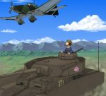  1girl airplane brown_eyes brown_hair clouds girls_und_panzer graphite_(medium) headphones headset highres horizon junkers_ju_87 looking_up military military_vehicle mixed_media mountain nishizumi_miho panzerkampfwagen_iv profile propeller shiratama_(hockey) short_hair sky smile tank traditional_media uniform vehicle 