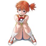  1girl bare_shoulders blue_eyes denim denim_shorts kasumi_(pokemon) masao misty_(pokemon) poke_ball pokemon pokemon_(game) pokemon_rgby redhead short_hair short_shorts shorts socks solo white_legwear 