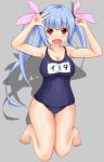  1girl blue_hair domda fang i-19_(kantai_collection) kantai_collection long_hair personification red_eyes school_swimsuit star star-shaped_pupils swimsuit symbol-shaped_pupils twintails 