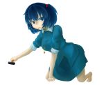  1girl blue_eyes blue_hair dress hair_bobbles hair_ornament kawashiro_nitori key looking_at_viewer mouth_hold nail no_hat no_shoes short_hair short_sleeves short_twintails simple_background skirt skirt_set sleeves_pushed_up sleeves_rolled_up solo touhou twintails 