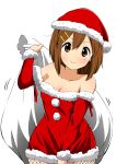  &gt;:&gt; 1girl :&gt; bare_shoulders blush breasts brown_eyes brown_hair cleavage detached_sleeves fishnet_legwear fishnet_pantyhose fishnets hair_ornament hairclip hat hirasawa_yui holding k-on! long_sleeves looking_at_viewer motion_lines pantyhose ragho_no_erika sack santa_costume santa_hat simple_background solo white_background 