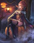  1girl belt boots breasts cape cleavage crossed_legs dantewontdie gloves halloween high_heels highres lace lace-trimmed_thighhighs lantern leotard lips moon original pumpkin red_eyes redhead sitting smile solo thighhighs tree 