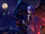  1girl 2013 ass ayanami_rei blue_hair building cityscape eva_00 moon neon_genesis_evangelion night night_sky plugsuit ramiel red_eyes signature sky skyscraper solo star_(sky) starry_sky tyc001x 