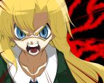  1girl bangs blonde_hair blue_eyes collarbone crazy_eyes higurashi_no_naku_koro_ni ib long_hair mary_(ib) parody payot shan_grila sharp_teeth solo style_parody uso_da 