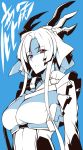  1girl blue_background bodysuit frills frown kazuno_(horizon) kyoukai_senjou_no_horizon maid monochrome nanao partially_colored red_eyes solo 
