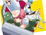  1boy 1girl barefoot blue_hair boots computer couch dress glasses hat inumuta_houka jakuzure_nonon kill_la_kill laptop lying on_stomach pink_eyes pink_hair shako_cap shima-s4 short_hair sitting stuffed_animal stuffed_toy uniform 