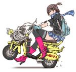  1girl backpack bag black_legwear blue_eyes boots brown_hair character_request copyright_request flat_color gloves high_heels motor_vehicle one_side_up plaid plaid_scarf plaid_skirt scarf scooter skirt sleeves_rolled_up solo thighhighs vehicle yamashita_shun&#039;ya 