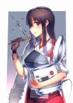  1girl akagi_(kantai_collection) breasts brown_eyes brown_hair eating food food_on_face japanese_clothes kantai_collection long_hair muneate personification rice rice_cooker rice_on_face rice_spoon single_glove siqi_(miharuu) smile solo 